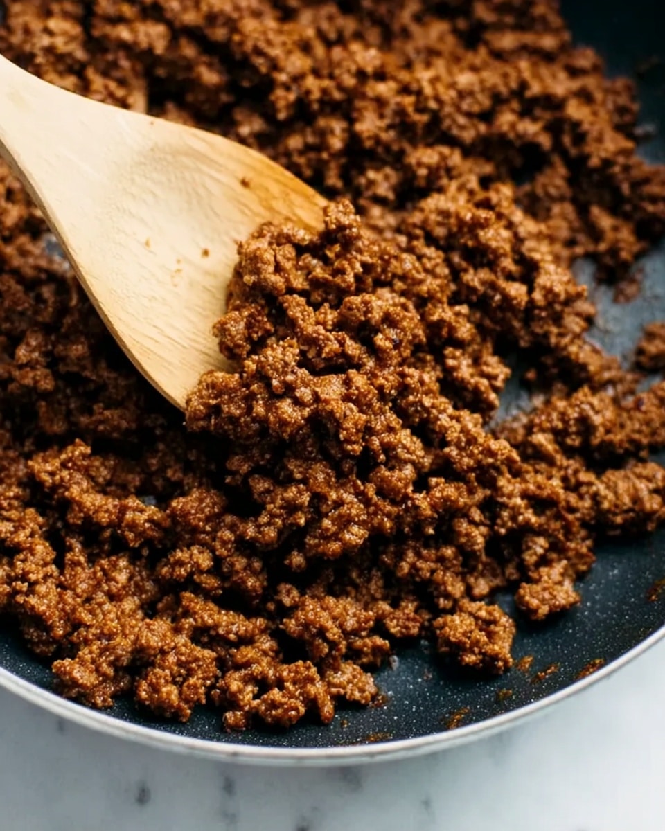 The image shows a close-up view of a black pan filled with cooked ground meat that has a crumbly texture and rich, brown color. A wooden spoon is lifting some of the meat from the pan, showing the small, uneven pieces with a slightly dry but well-seasoned look. The pan and wooden spoon sit on a white marbled surface, with no other items in the frame. photo taken with an iphone --ar 4:5 --v 7