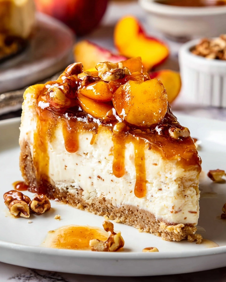 A thick slice of cheesecake is shown on a white plate with a crumbly light brown crust at the bottom. The main cheesecake layer is creamy off-white with small specks inside, sitting above the crust. On top is a glossy, dark caramel-colored sauce spreading down the sides, covered with glossy orange peach slices and sprinkled with small chopped nuts. Some of the sauce and nuts have fallen onto the plate. The background has a white marbled surface with pieces of peaches, nuts, and a bowl blurred behind. Photo taken with an iphone --ar 4:5 --v 7