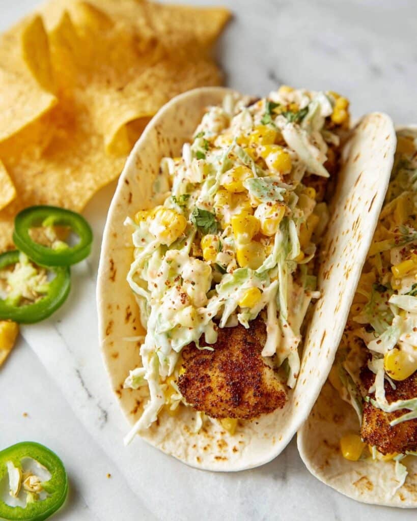Tortilla Crusted Fish Tacos with Chipotle Slaw Recipe