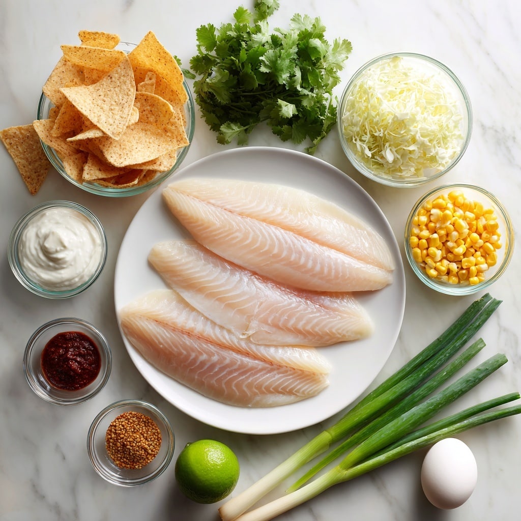 The image shows a white plate in the center holding three raw tilapia fillets, light pink and white with a smooth, moist texture. Surrounding the plate are clear glass bowls and small piles of ingredients on a white marbled surface: on the top left, a pile of light brown tortilla chips with a rough texture; next to it a small clear bowl of creamy white mayo; a bright green bunch of cilantro with leafy textures sits above the plate. To the right of cilantro is a bowl of thick, white Greek yogurt, and below that, a clear bowl filled with thinly shredded pale yellow cabbage. Below the plate are three long green onions with white bases and green tops lying diagonally. To the left below them is a small clear bowl with a dark red chipotle in adobo sauce. A whole lime with shiny green skin is placed near the green onions. At the bottom left is a single white egg. Next to it are three small clear bowls containing reddish chili powder, brown cumin powder, and pale yellow garlic powder, and a clear bowl filled with bright yellow corn kernels. The layout is neat and arranged on a clean white marbled surface, with soft natural lighting. Photo taken with an iphone --ar 4:5 --v 7