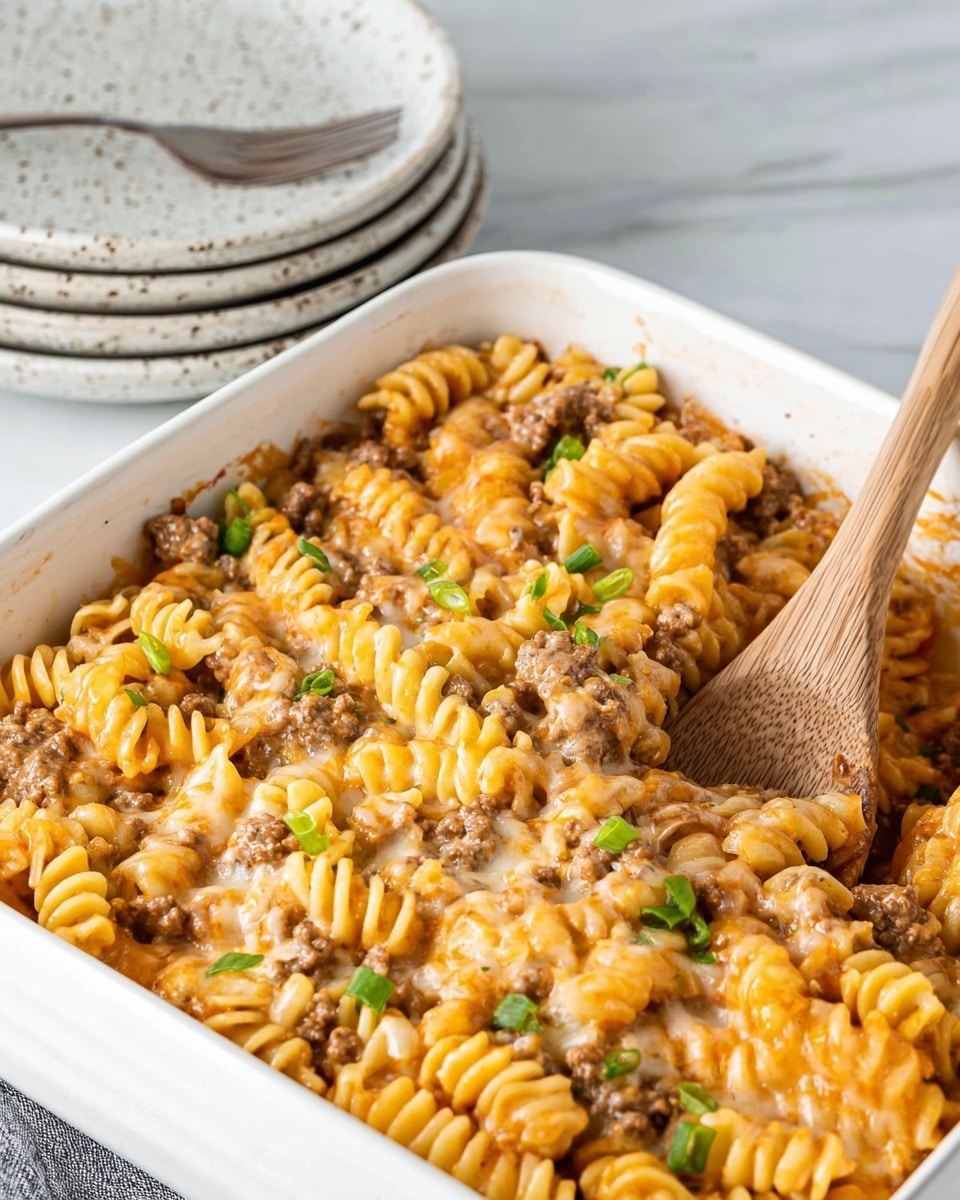 The image shows a white square baking dish filled with a creamy pasta bake. The pasta is spiral shaped with a light orange sauce that coats the noodles evenly. Ground meat pieces are mixed throughout the pasta, adding a textured, brown layer on top. Small green onion slices are sprinkled over for a pop of color. A wooden spoon is partially visible on the right side, inside the dish, gently stirring the pasta. In the background, there is a stack of white plates with a subtle speckled pattern, topped with a fork, all set on a white marbled surface. Photo taken with an iphone --ar 4:5 --v 7