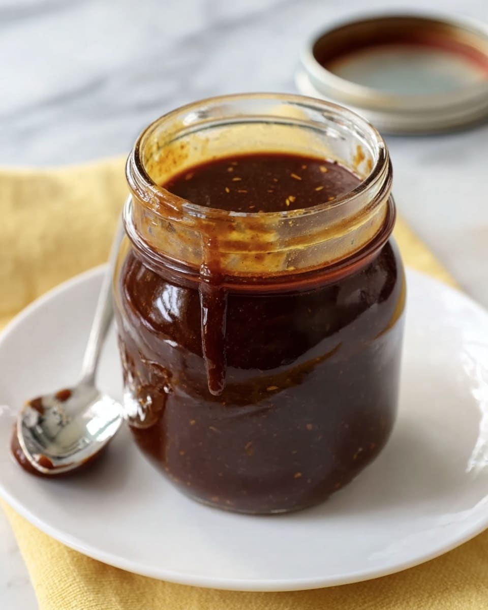 A clear glass jar filled with a dark brown thick sauce, showing a smooth but slightly textured surface with small bits visible inside. The sauce reaches near the top of the jar, with some sauce drips on the upper rim outside. The jar sits on a white plate, which is placed on a light yellow cloth. In the blurred white marbled background, there's a spoon with some sauce on it and a metal lid nearby. Photo taken with an iphone --ar 4:5 --v 7