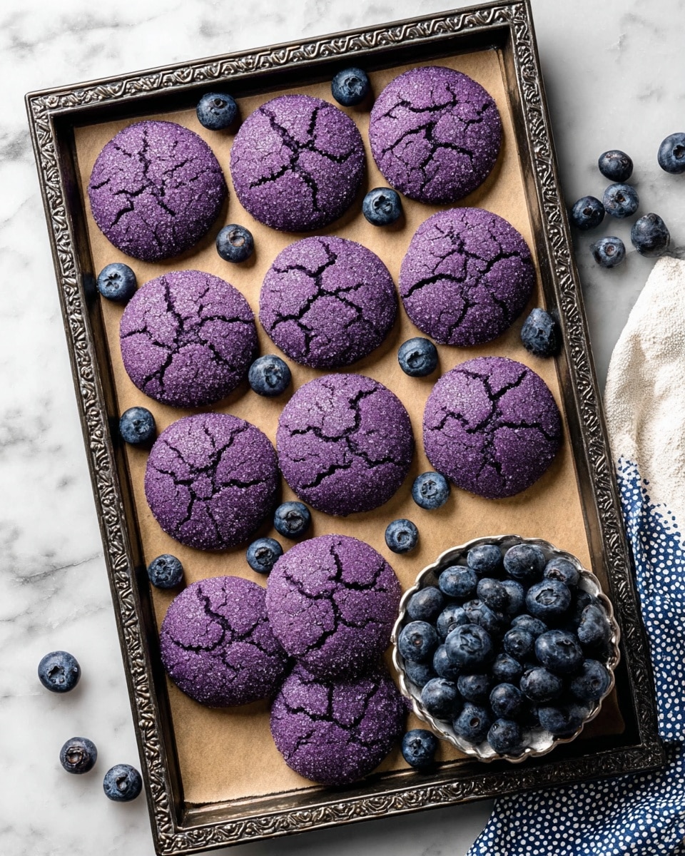 A dark metal tray with a decorative edge holds eleven round purple cookies with a cracked sugary surface arranged in a neat grid on a light brown parchment paper. Scattered around the cookies are fresh blueberries with a deep blue color and shiny texture. At the bottom right corner of the tray, there is a small silver fluted bowl filled to the top with more blueberries. The whole setup sits on a white marbled surface with a white cloth that has a blue dotted pattern partly visible on the right side. photo taken with an iphone --ar 4:5 --v 7