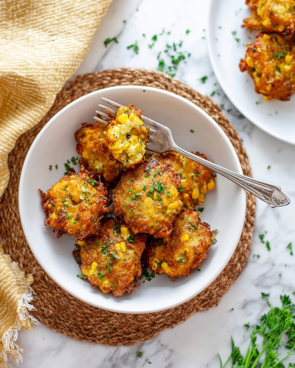 The image shows two white plates filled with golden-brown fried fritters that have visible corn kernels and green herbs inside, with some crispy edges. The larger plate is crowded with many fritters, and the smaller one has fewer piled up on top of a light brown woven mat. Nearby, there is a fork and a single fritter on the white marbled surface. A small white bowl holds a creamy white sauce sprinkled with green herbs, and in the background, there is a green glass bottle with a cork stopper. The whole scene is on a white marbled texture with some sprinkled herbs around the plates. Photo taken with an iphone --ar 4:5 --v 7