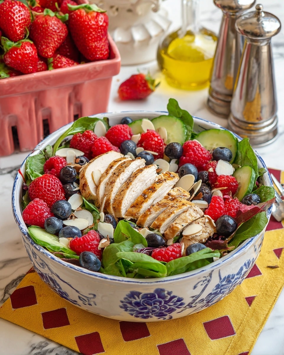 A white bowl with blue flower designs is filled with a salad starting with a base layer of mixed green leaves and spinach. On top, there are thin slices of light brown grilled chicken arranged neatly in the center. Around the chicken, there are bright red raspberries and strawberries, deep blue blueberries, and green cucumber slices. Small white pieces of cheese and thin almond slices are sprinkled over everything. The bowl sits on a yellow cloth with a red and brown square pattern, placed on a white marbled surface. In the background, a pink container full of red strawberries, two silver pepper and salt shakers, and a glass container of olive oil are visible. Photo taken with an iphone --ar 4:5 --v 7