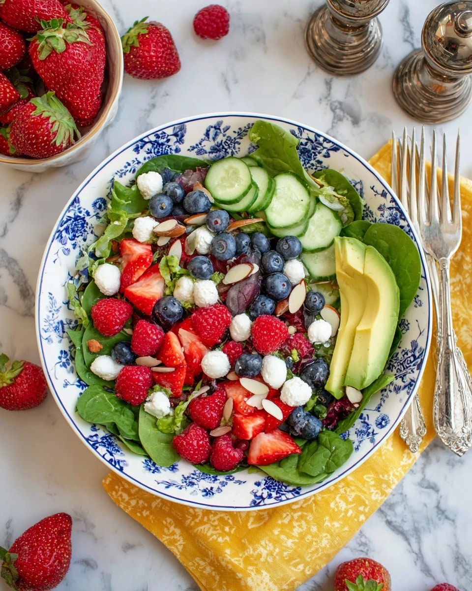 A fresh salad served in a white bowl with blue floral patterns, placed on a white marbled surface with a yellow napkin underneath. The salad has a base of green leafy spinach and lettuce, topped with bright red sliced strawberries, whole raspberries, deep blue blueberries, and light green cucumber slices. There are also slices of pale yellow avocado arranged neatly on one side. Scattered on top are white cottage cheese dollops and thinly sliced brown almond pieces, adding texture and color contrast. Around the bowl, there are whole strawberries and blueberries, a fork to the right, and vintage metal salt and pepper shakers near the top. Photo taken with an iphone --ar 4:5 --v 7