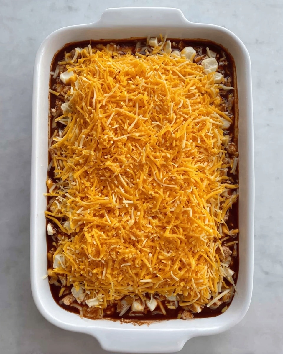 A white rectangular baking dish filled with three visible layers: the bottom layer is a liquid dark red sauce, above it is a layer of small white and light brown chunks, likely cooked meat, and the top layer is a thick pile of bright orange-yellow shredded cheese spread evenly across the dish. The dish sits on a white marbled texture surface. Photo taken with an iphone --ar 4:5 --v 7