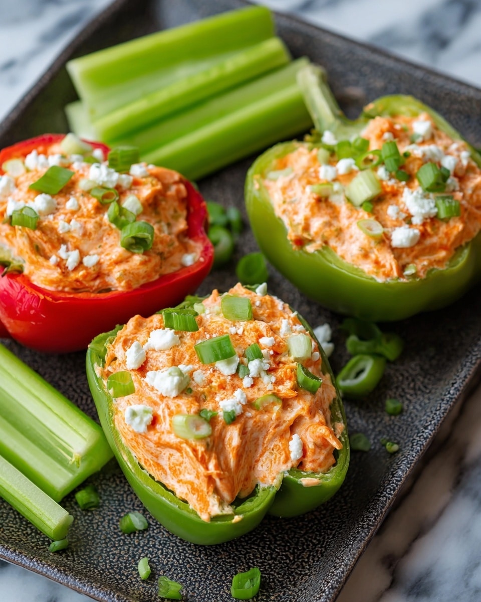 The image shows three bell pepper halves placed on a dark textured tray. Two halves are green and one half is red. Each pepper half is filled with a creamy orange mixture that looks soft and slightly chunky. The filling is topped with small white crumbles and chopped green onions. A few celery sticks are visible next to the tray on a white marbled surface. The photo taken with an iphone --ar 4:5 --v 7