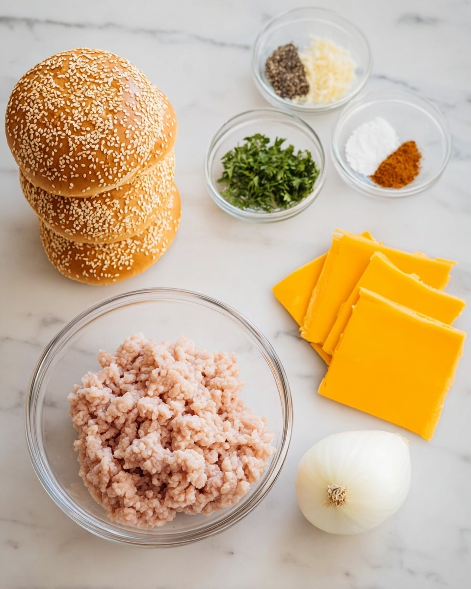 There are five sesame seed burger buns stacked on a white marbled surface top left, next to two small clear glass bowls; one with green chopped herbs and the other with four small piles of spices in white, black, reddish-brown, and pale yellow colors. To the right of the bowls are five bright orange slices of cheese stacked neatly. In the lower section, a large clear glass bowl holds a pale pink ground meat, with a peeled white onion placed on the white marbled surface nearby. Photo taken with an iphone --ar 4:5 --v 7