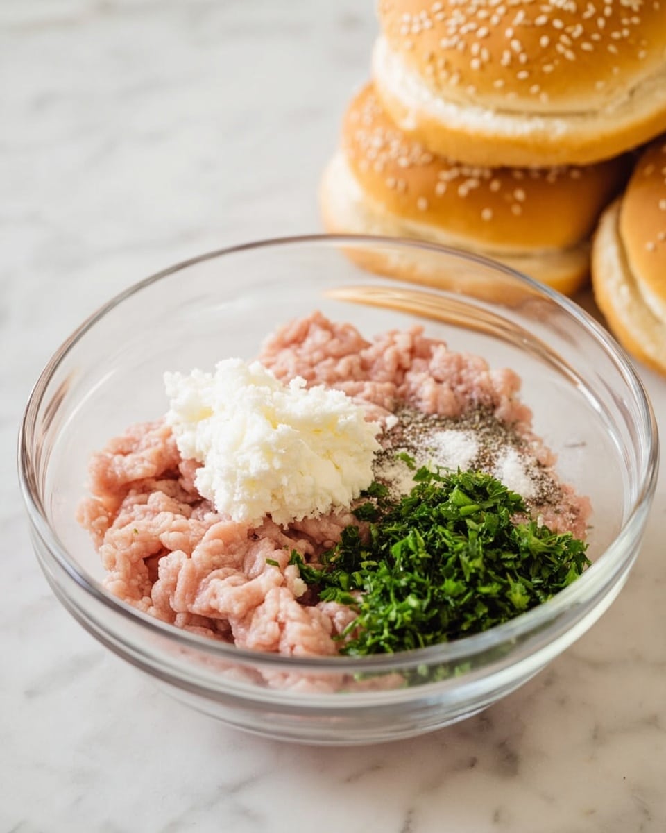 A clear glass bowl sits on a white marbled surface, filled with layers of pale pink ground meat at the bottom, topped with a small mound of white, soft textured ingredient, a sprinkling of fine white powder, a pinch of dark seasoning, and a generous heap of finely chopped bright green herbs on the right side. Behind the bowl, there are three sesame seed hamburger buns stacked loosely, with their light golden-brown tops visible. The scene is well-lit, showing clear details and natural colors, photo taken with an iphone --ar 4:5 --v 7