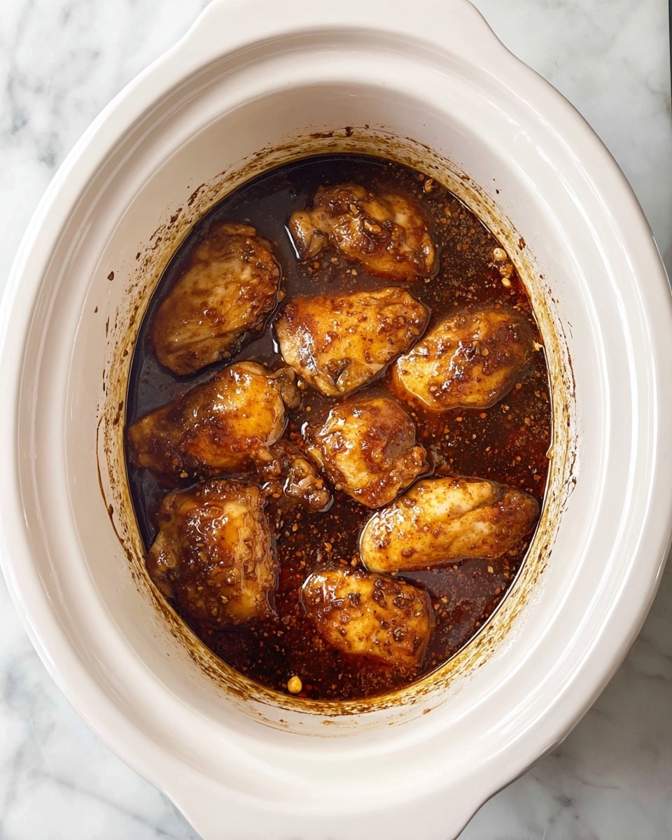 Inside a white slow cooker, there are seven golden-brown cooked pieces of chicken sitting in a dark brown, oily sauce with bits of seasoning floating around. The sauce coats the sides of the slow cooker, creating a shiny, textured look. The slow cooker is placed on a white marbled surface, and the photo is taken from above, showing the full inside of the cooker with its smooth, white ceramic rim. photo taken with an iphone --ar 4:5 --v 7