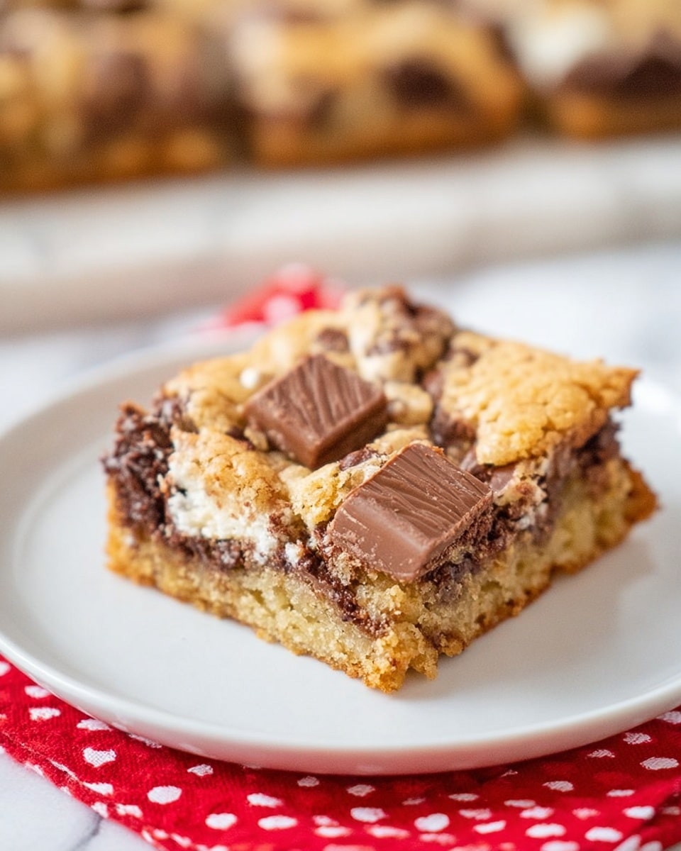 A square piece of cookie bar sits on a white plate, the bar showing three layers: a light golden brown crumbly base, a middle layer with melted dark brown chocolate pieces scattered throughout, and chunks of milk chocolate placed on top that look soft and slightly shiny. The cookie bar has a rough texture with small holes and visible bits of chocolate. The white plate rests on a red and white polka dot cloth, and the background shows a white marbled surface with part of another cookie bar blurred in the distance. photo taken with an iphone --ar 4:5 --v 7