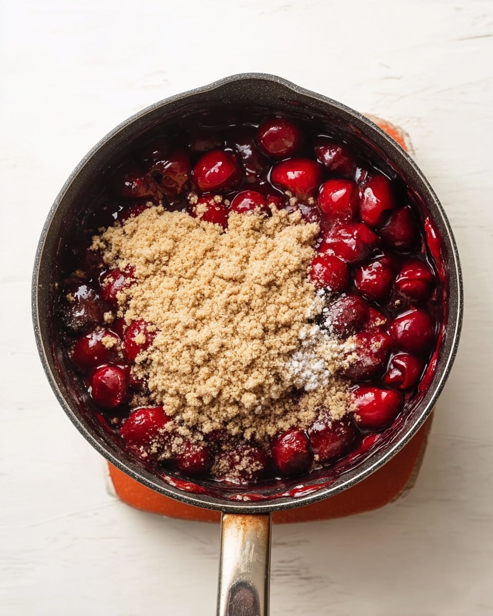 A small black saucepan is filled with two main layers: the bottom layer is made of bright red, round cherries simmering in a dark red, glossy juice, showing a mix of whole and slightly softened fruit; the top layer is a thick, coarse, light brown crumb topping that unevenly covers about two-thirds of the fruit underneath, with a slight dusting of white flour on top. The saucepan sits on a bright orange trivet, all placed on a white marbled surface. Photo taken with an iphone --ar 4:5 --v 7