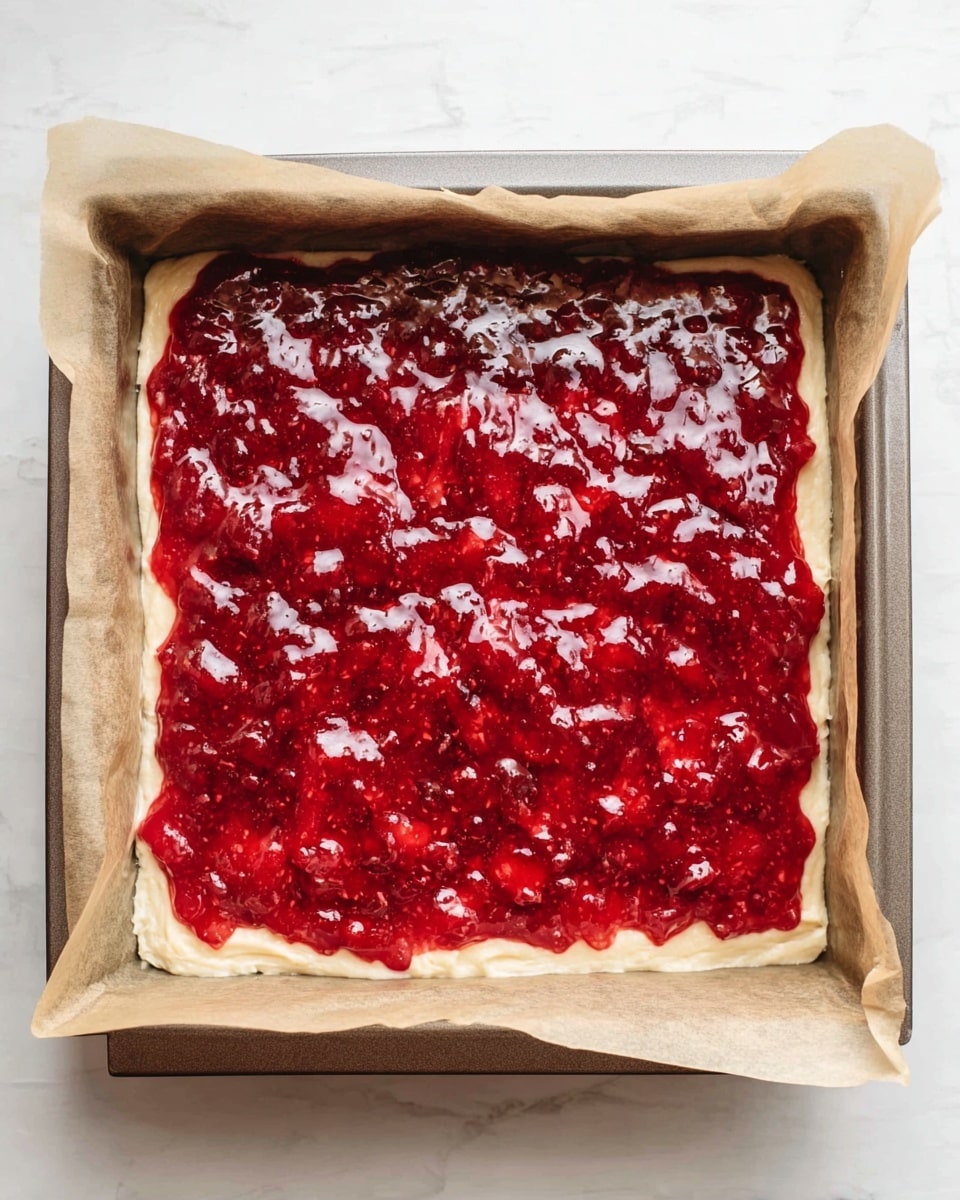 A square baking pan lined with parchment paper holds a two-layer dessert. The bottom layer is a smooth, pale dough or batter that fills the pan evenly and peeks out slightly at the edges. On top of this is a thick, bright red fruit jam layer with a glossy, chunky texture, spread unevenly but covering the entire surface. The edges of the jam touch the parchment, showing a natural, homemade feel. The pan rests on a white marbled surface. photo taken with an iphone --ar 4:5 --v 7