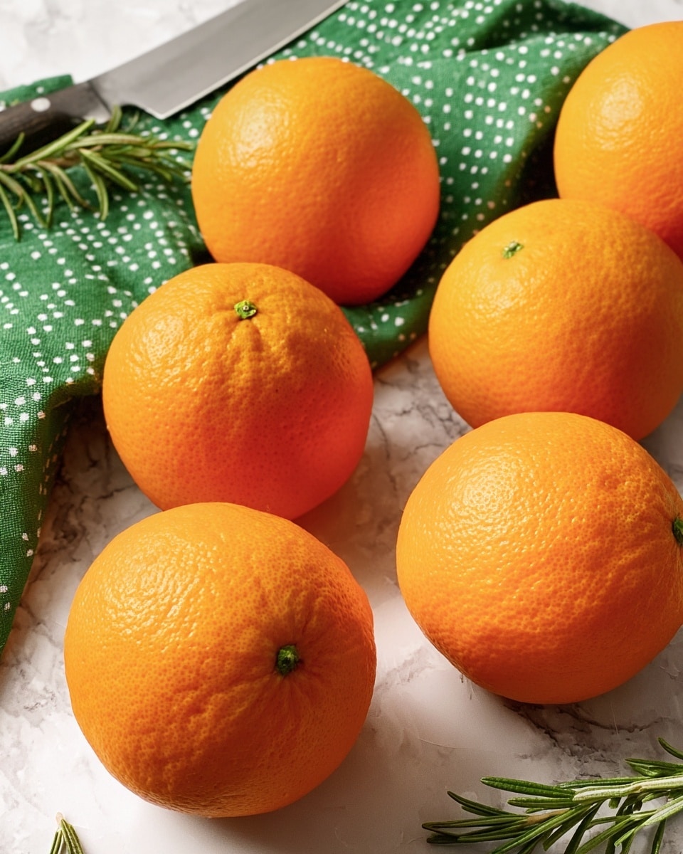 The image shows six bright orange oranges with a slightly textured skin, placed on a white marbled surface. They are arranged loosely, some close together while others are spread out. A green cloth with a white dotted pattern is partly visible at the back, along with a knife laying on the cloth. Green rosemary sprigs are scattered around the fruits, adding a touch of contrasting color. The lighting is soft, creating gentle shadows that bring out the round shape and natural texture of the oranges. Photo taken with an iphone --ar 4:5 --v 7