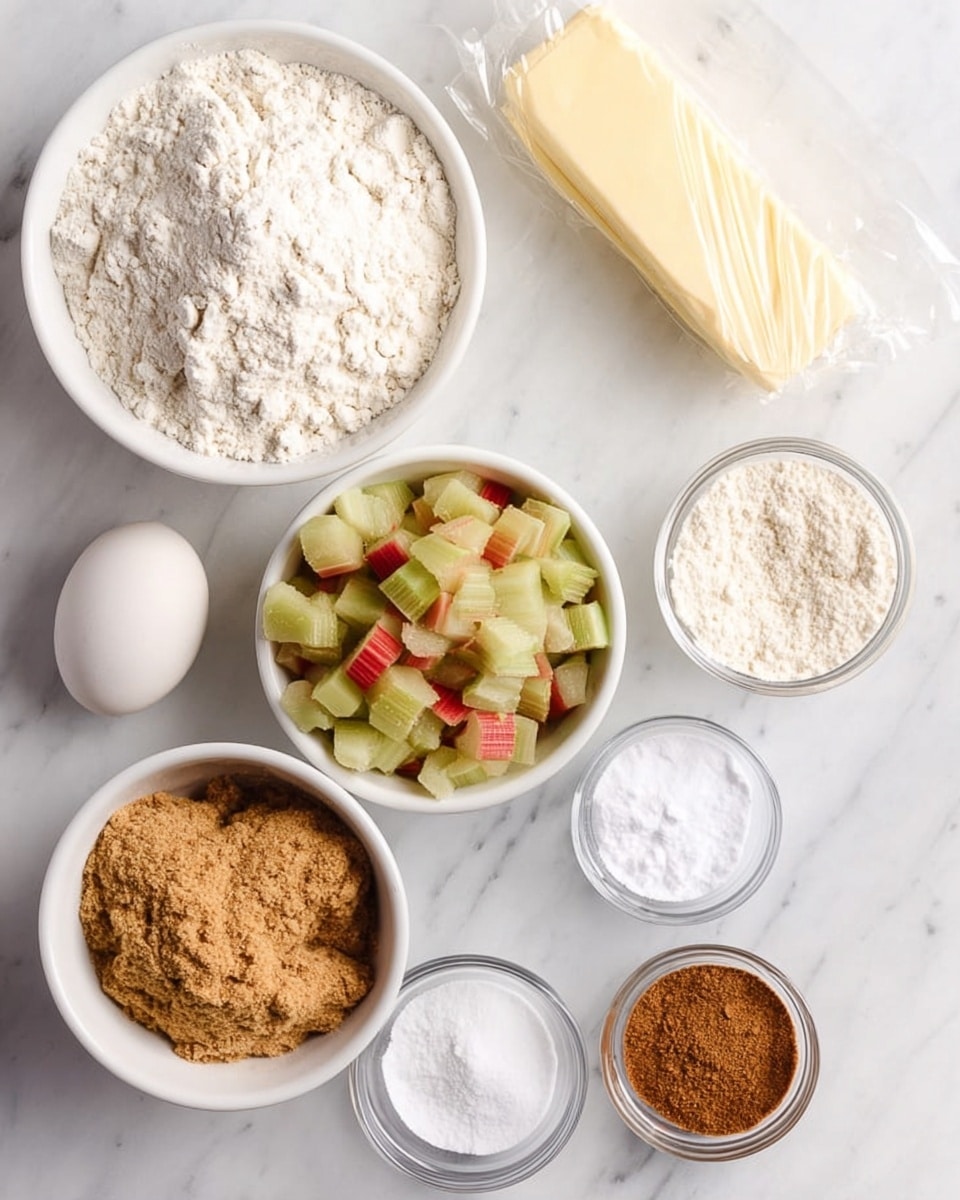The image shows several white bowls and a package of butter arranged on a white marbled surface. In the largest bowl, there is white flour with a smooth, powdery texture. Another medium white bowl holds small, chopped pieces of rhubarb with light green and red colors mixed together. A smaller bowl is filled with light brown sugar, grainy and compacted but soft looking. Next to it is a small clear bowl containing finely ground brown cinnamon powder. There are also three more small clear bowls: one with white salt, one with white baking powder, and one empty. A single white egg is placed near the brown sugar bowl. Finally, a yellow butter stick package is partly opened and centered toward the back. Photo taken with an iphone --ar 4:5 --v 7