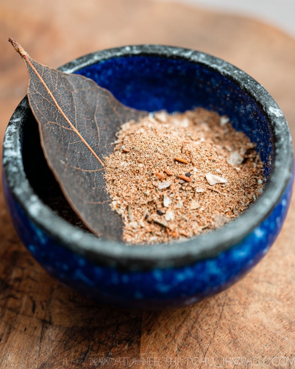 A close-up image of a small blue ceramic bowl filled with a coarse, dry spice mix in shades of brown with specks of white and orange. A dark brown dried leaf with light veins rests partially inside the bowl, covering part of the spice mix. The bowl is placed on a wooden surface, but the background is changed to a white marbled texture. Photo taken with an iphone --ar 4:5 --v 7