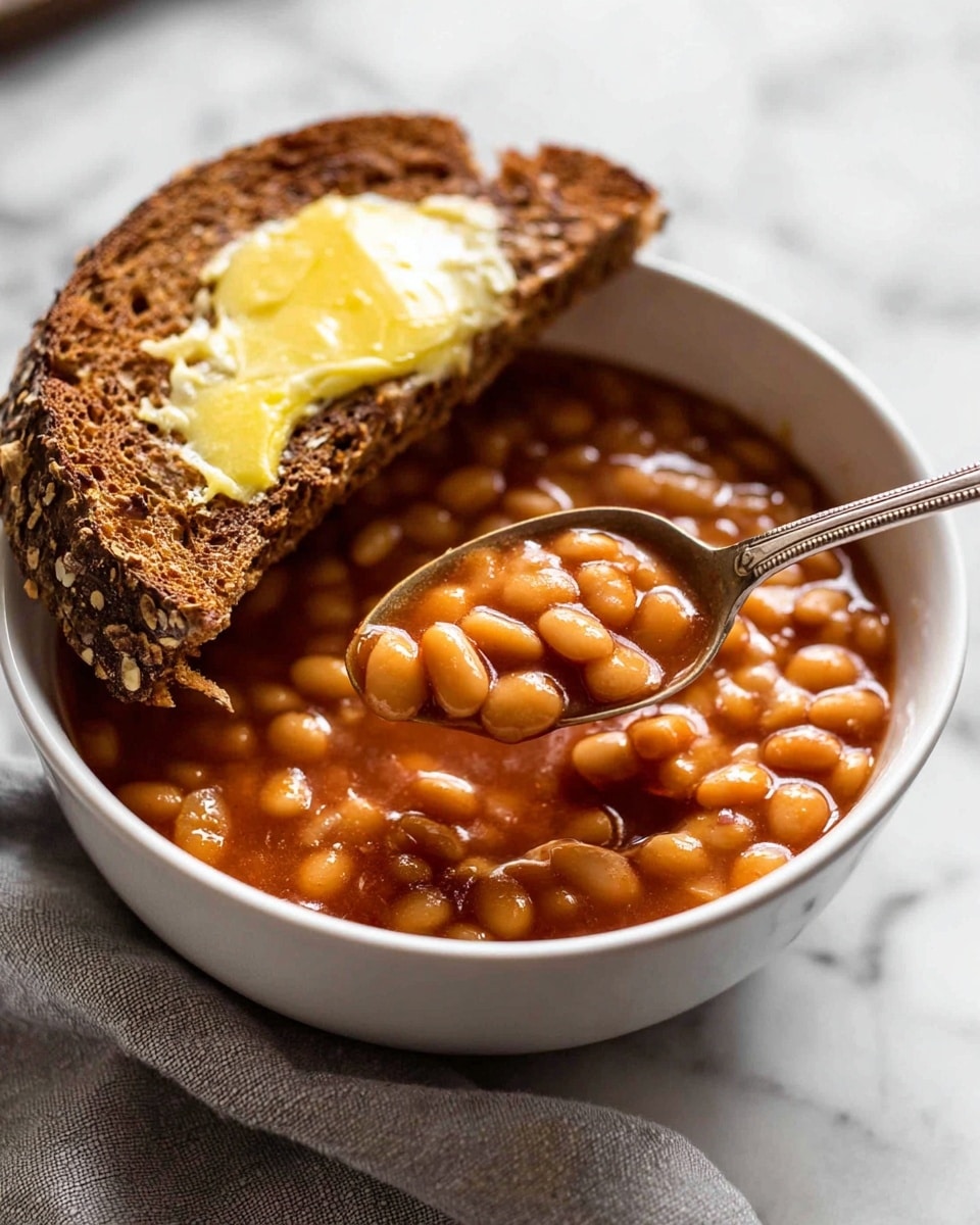 A white bowl filled with light brown beans in a thick reddish-brown sauce, with a silver spoon lifting some beans from the bowl on the right side. On the left, a piece of dark brown seeded bread with melted yellow butter is placed partially inside the bowl, touching the beans. The bowl sits on a white marbled surface with a light gray cloth underneath it. Photo taken with an iphone --ar 4:5 --v 7