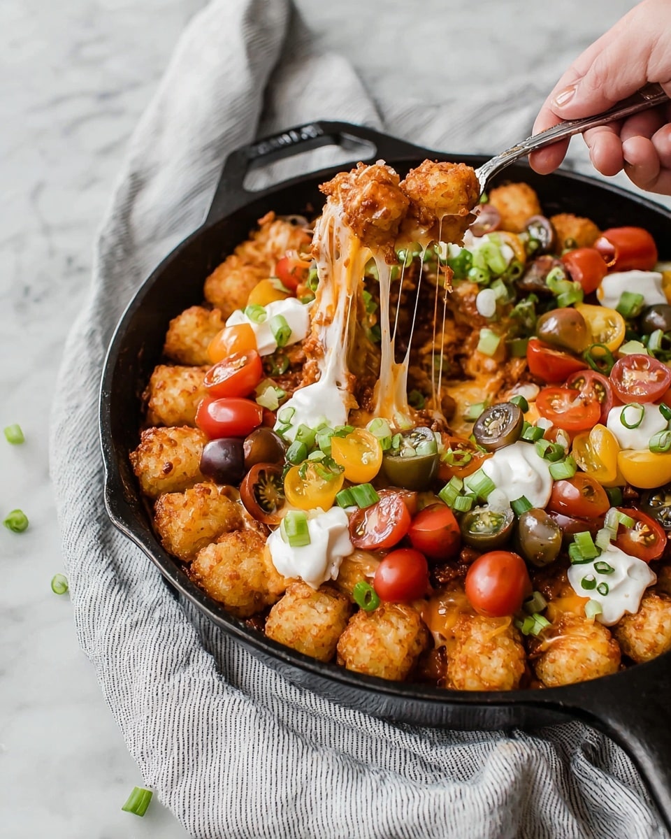 A black cast iron skillet filled with four layers: at the bottom, a golden brown crispy tater tot layer; above it, a rich orange cheesy and meaty sauce layer; on top, colorful halved cherry tomatoes in red, yellow, and dark purple shades spread evenly; garnished with bright green sliced scallions and dollops of white sour cream. A woman's hand is holding a fork lifting a portion with melted stretchy cheese and sour cream dripping from it. The skillet rests on a light gray and white striped cloth on a white marbled surface. photo taken with an iphone --ar 4:5 --v 7