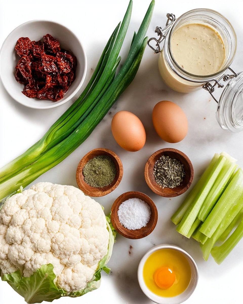 A spread of fresh ingredients arranged on a white marbled surface includes a large head of cauliflower on the left with green scallions extending from its base toward the bottom left corner. Above the cauliflower is a small white bowl filled with dark red sun-dried tomatoes. Near the center, two small wooden bowls hold coarse black pepper and salt, and dried green herbs. There are two brown eggs positioned beside these bowls. To the right is a white jar with a metal clasp containing a light beige sauce, and next to it is a white container filled with smooth yellow mustard. A small white bowl filled with cut celery stalks shows their open, pale-green interior. photo taken with an iphone --ar 4:5 --v 7