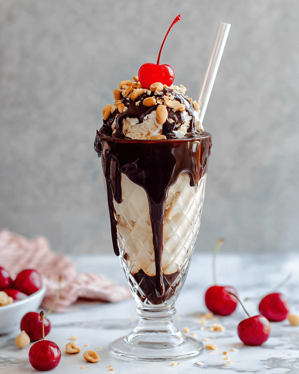 A tall clear glass with diamond patterns holds a layered ice cream dessert. The bottom layer is light cream color ice cream, topped with a thick dark brown chocolate sauce that drips down the sides of the glass. On top, there is more ice cream mixed with the chocolate sauce, sprinkled with chopped light brown nuts. A bright red cherry with a long stem sits at the very top. A white straw leans inside the glass. The glass is set on a white marbled surface that has scattered red cherries nearby. photo taken with an iphone --ar 4:5 --v 7
