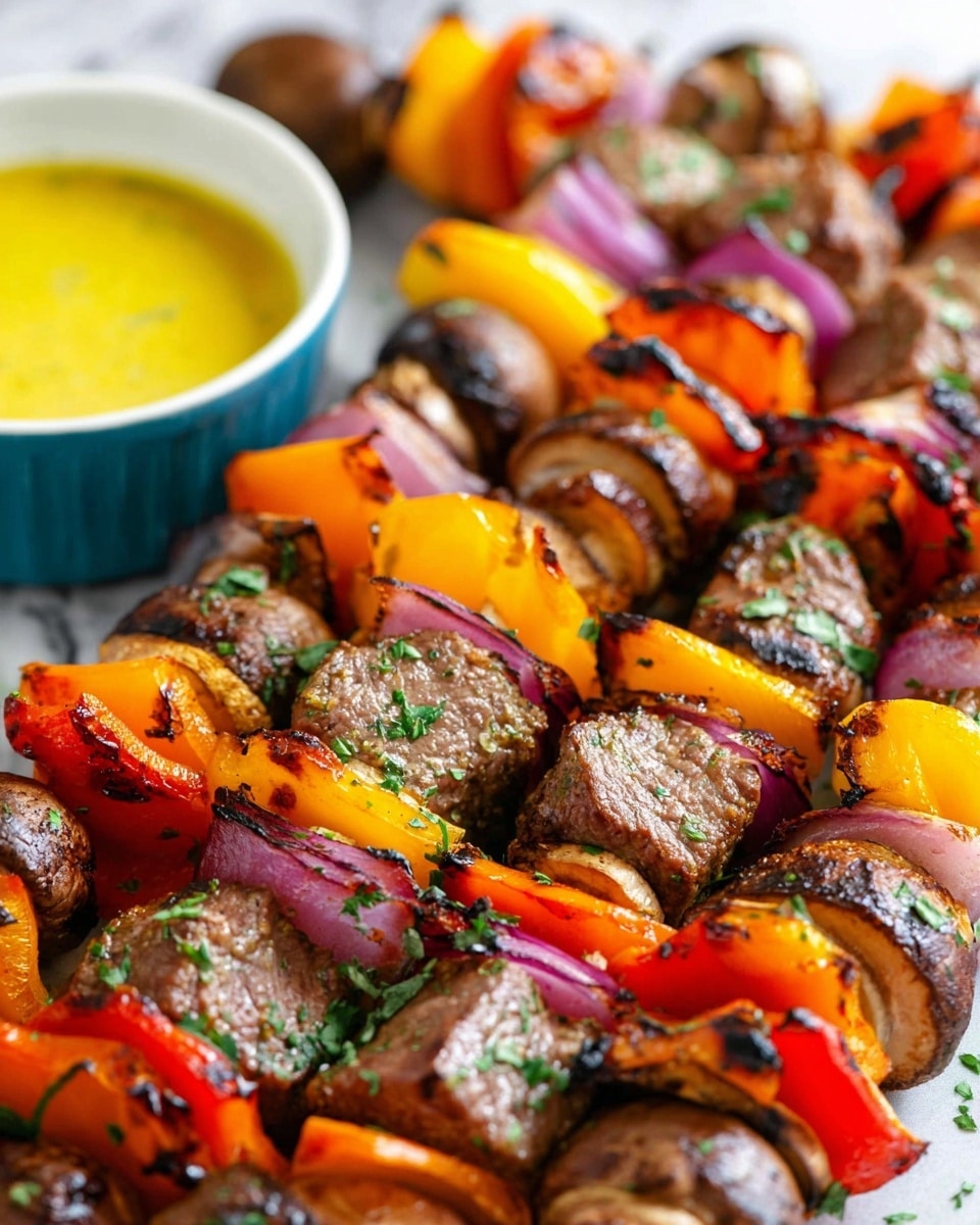The image shows several grilled skewers with layers of grilled meat, bright orange and yellow bell peppers, red onion slices, and whole mushrooms. The meat is brown with some char marks and slight herbs on top, while the vegetables have a soft grilled texture with some blackened edges. The skewers are laid out closely on a surface with a white marbled texture, and in the background, there is a white bowl with a blue exterior filled with a yellow sauce. The colors are vivid and fresh, with the red onions adding a splash of purple among the warm colors of the peppers and meat. Photo taken with an iphone --ar 4:5 --v 7