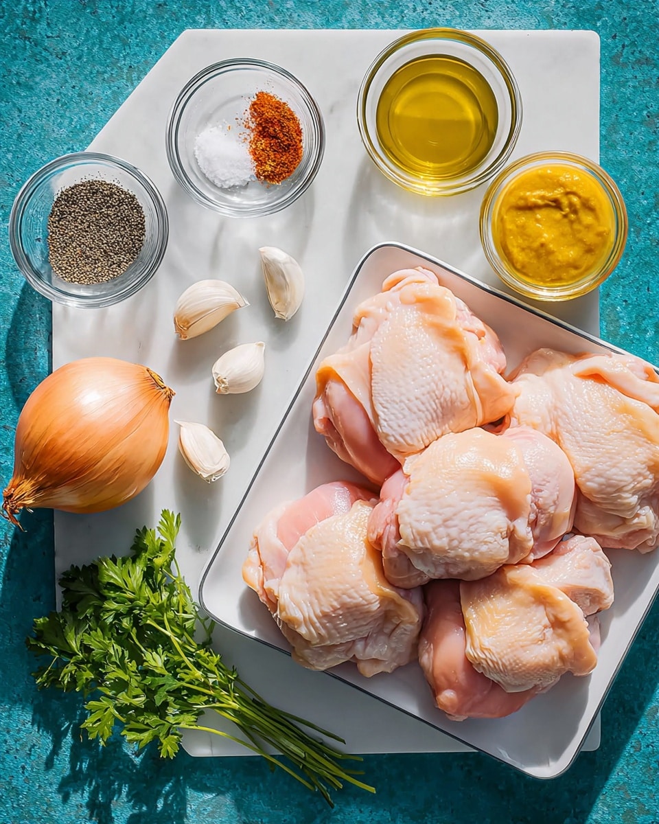 A white rectangular tray filled with several pieces of raw chicken thighs, pale pink with soft textures, placed on a white marbled surface. To the left of the tray, there is a small glass bowl with black pepper, a small glass bowl with light golden oil, and a small glass bowl with coarse salt, ground spices, and red paprika powder all together. Near these ingredients, there is a yellow onion with dry outer skin, several garlic cloves with white papery skin lying close to each other, a small bunch of fresh green parsley, and a jar of smooth yellow mustard. The setting is bright and clear with a clean, white marbled background. Photo taken with an iphone --ar 4:5 --v 7