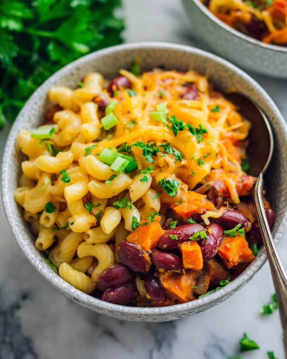 A close-up view of a bowl filled with three layers of food: the first layer is macaroni pasta with a light yellow color and slightly glossy texture, the second layer includes cooked red kidney beans and chunks of orange sweet potatoes, and the third layer has melted cheese with a golden yellow color sprinkled with small bits of bright green onion and fresh parsley leaves. The bowl is white and textured, with a spoon visible on the top right, and the background shows a white marbled surface with some parsley in soft focus. photo taken with an iphone --ar 4:5 --v 7