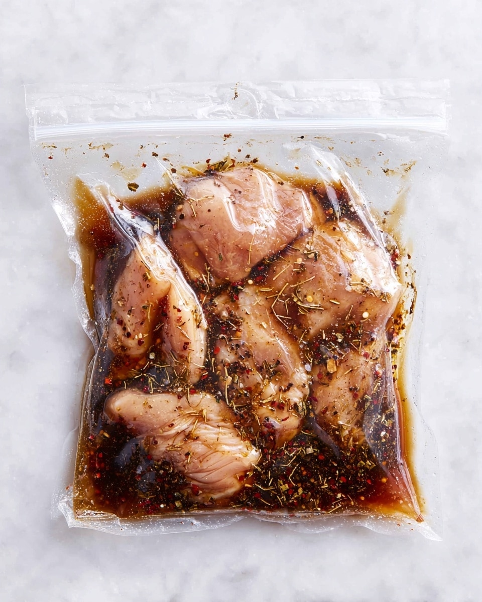 A clear plastic zip-top bag is shown filled with several raw chicken pieces submerged in a dark brown marinade with visible herbs and black pepper flakes. The chicken pieces are light pink with a glossy surface from the marinade, and they fill the lower two-thirds of the bag. The top part of the bag is empty, sealed, and resting on a white marbled surface. Small droplets of the marinade cling to the inside of the bag, adding texture and a glossy appearance. photo taken with an iphone --ar 4:5 --v 7