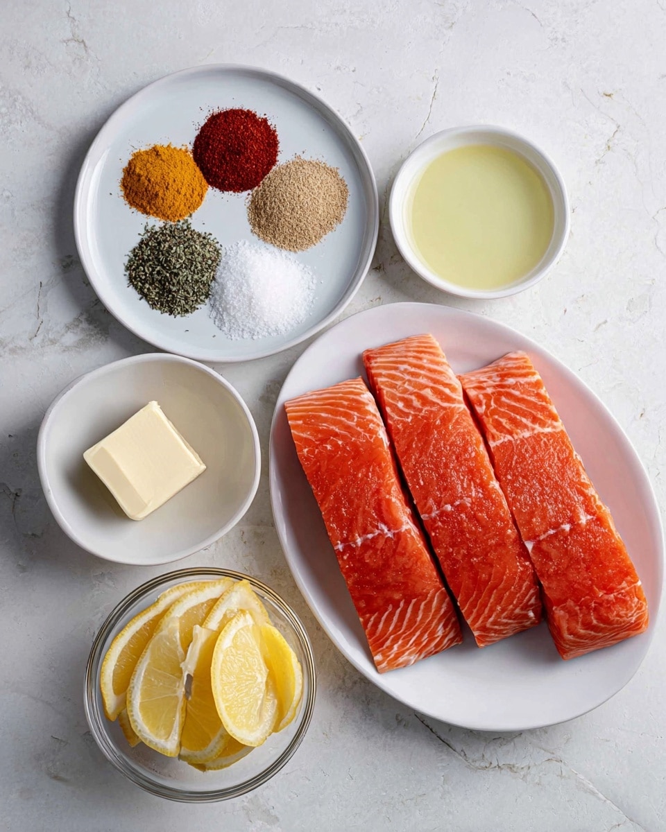 There is a white oval plate on the right side with four pieces of fresh orange salmon fillets that have visible light lines and a slightly shiny texture. Next to it, slightly above, is a white round plate with seven piles of colorful spices: dark red, beige, bright orange, white salt, green herbs, black pepper, and pale yellow, arranged evenly in a circle. Below the spices, there is a small white bowl with a square piece of light yellow butter. Next to it on the left, another small white bowl holds light green oil. Below the butter bowl, a clear glass bowl is filled with sliced bright yellow lemon wedges. All items are placed on a white marbled surface. photo taken with an iphone --ar 4:5 --v 7