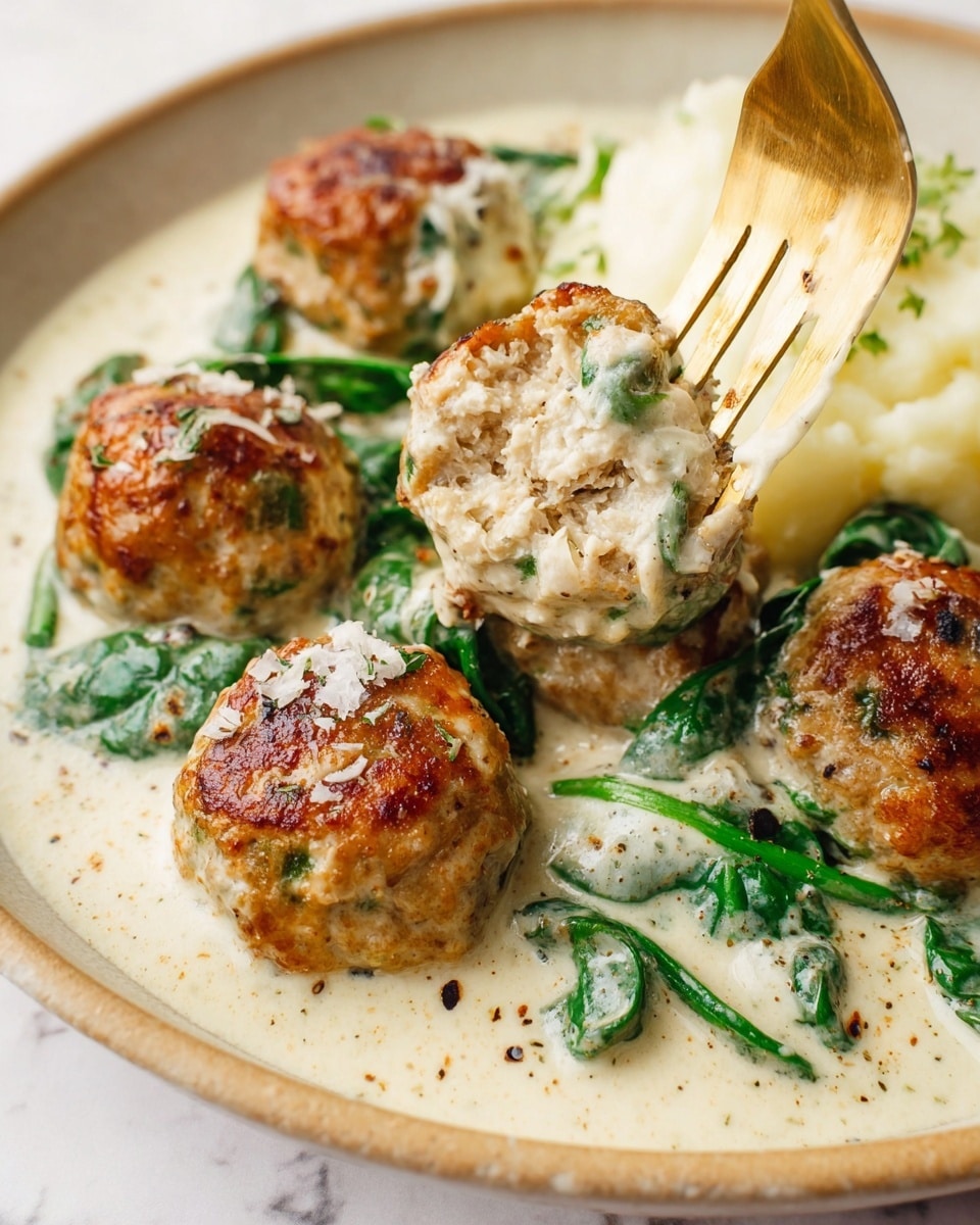 A black skillet filled with round, browned meatballs, arranged in a scattered manner and partially covered by a creamy, light beige sauce. Fresh, dark green spinach leaves are mixed in among the meatballs, some resting on top, adding vibrant color contrast. The sauce has a smooth texture and is speckled lightly with pepper, while the skillet sits on a white marbled surface. The handle of the skillet is pale green. photo taken with an iphone --ar 4:5 --v 7