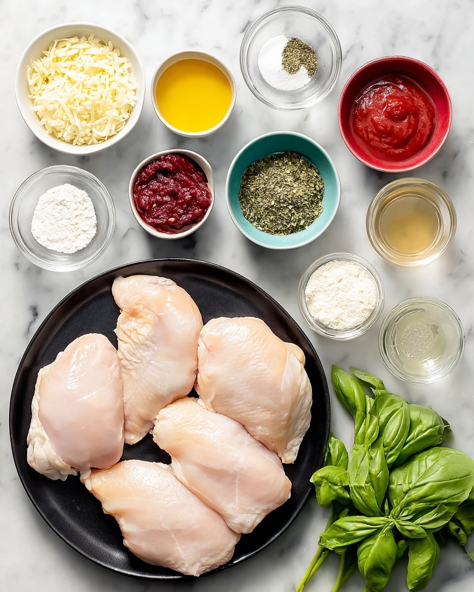 The image shows a black plate filled with four raw chicken pieces, pale pink in color and smooth in texture, positioned on a white marbled surface. Around it are small white and colorful bowls and clear measuring cups containing different ingredients: a small white bowl with yellow minced garlic; a white bowl with dark red tomato paste; a green bowl with dried green Italian seasoning; a red bowl with white cornstarch; a blue bowl with light beige garlic powder; a yellow bowl with dried oregano; a clear measuring cup with golden chicken broth; another clear measuring cup with white shredded parmesan; and a third clear measuring cup with pale white wine. At the bottom right sits a bunch of fresh bright green basil leaves. All items are evenly spaced on the white marbled background. Photo taken with an iphone --ar 4:5 --v 7