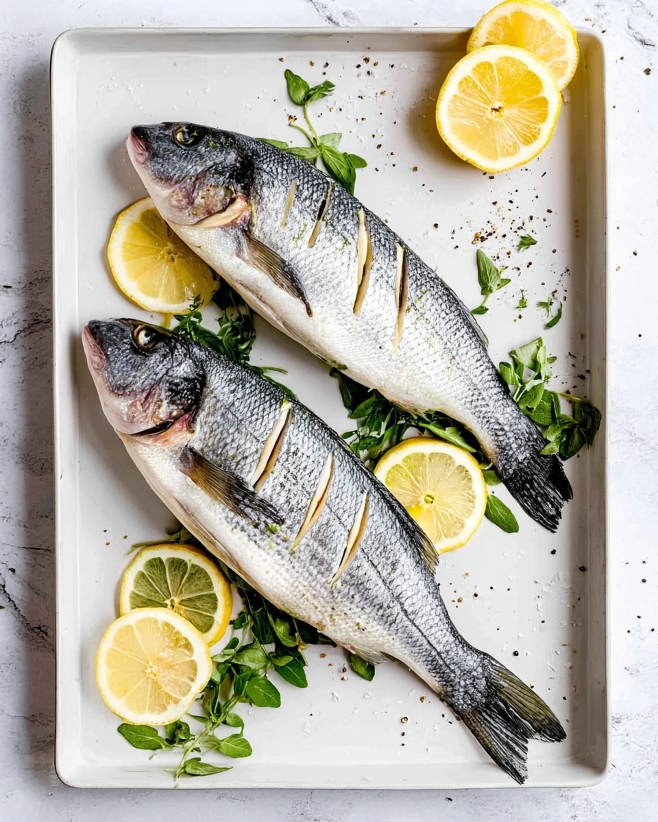 Two whole branzino fish with silver and black scales lie side by side on a large white oval plate, placed on a white marbled surface. To the left of the plate, there are two bright yellow lemons, and below them are fresh green herbs including parsley and thyme, arranged naturally. Above the lemons is a small round dish with white salt and black pepper sitting side by side. On the bottom right corner, near the plate, there is a whole white garlic bulb and a small white bowl filled with golden olive oil. photo taken with an iphone --ar 4:5 --v 7