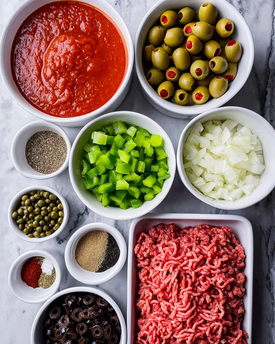 The image shows eight containers arranged on a white marbled surface, each holding different ingredients. Starting from the top left, there is a white bowl filled with a thick bright red tomato sauce, next to it is another white bowl full of green olives stuffed with red pimentos. Below these, a white bowl holds bright green chopped bell peppers on the left, and on the right, there is a white bowl filled with finely chopped white onions. Below the onions is a white bowl containing small round green capers. To the left of the capers is a smaller white bowl with mixed spices of different colors including black, red, and brown powders, with some salt and pepper. At the bottom left, another white bowl contains dark brown raisins. On the right side of the image, a tray holds fresh raw ground meat with a rich pinkish-red color and stringy texture. The scene is clean and well-arranged, showcasing a variety of fresh and prepared ingredients for cooking. Photo taken with an iphone --ar 4:5 --v 7