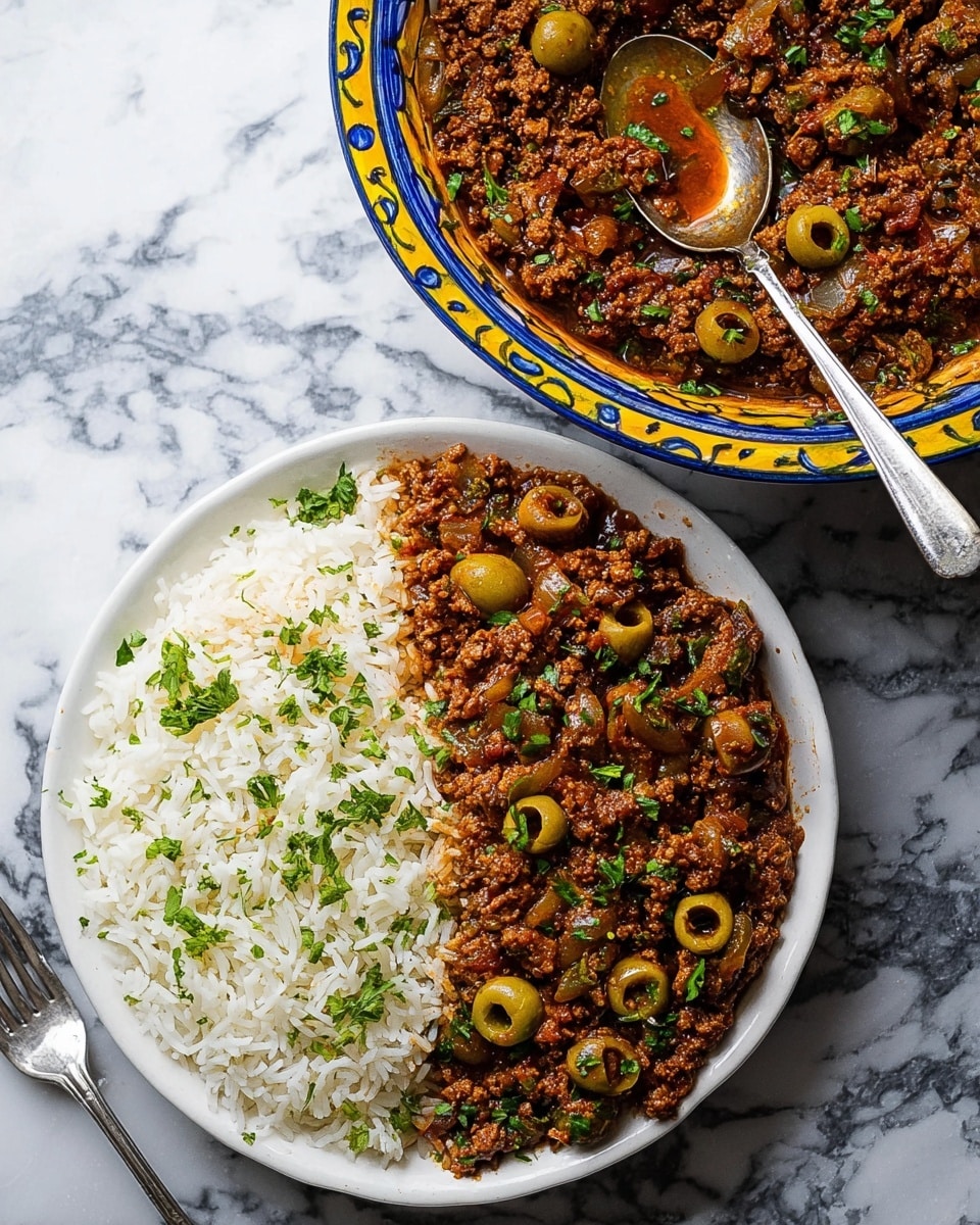 A white plate holds a neatly divided dish with two layers side by side; on the left is a fluffy bed of white rice with visible grains, and on the right is a richly textured minced meat stew with a reddish-brown sauce, mixed with green olives, capers, small pieces of onion, and fresh green herbs sprinkled on top. Above the plate, a large ceramic bowl with a blue and yellow patterned edge is filled to the brim with the same stew, with a silver spoon resting inside. The whole setup sits on a white marbled surface, with a silver spoon and fork placed beside the plate. Photo taken with an iphone --ar 4:5 --v 7