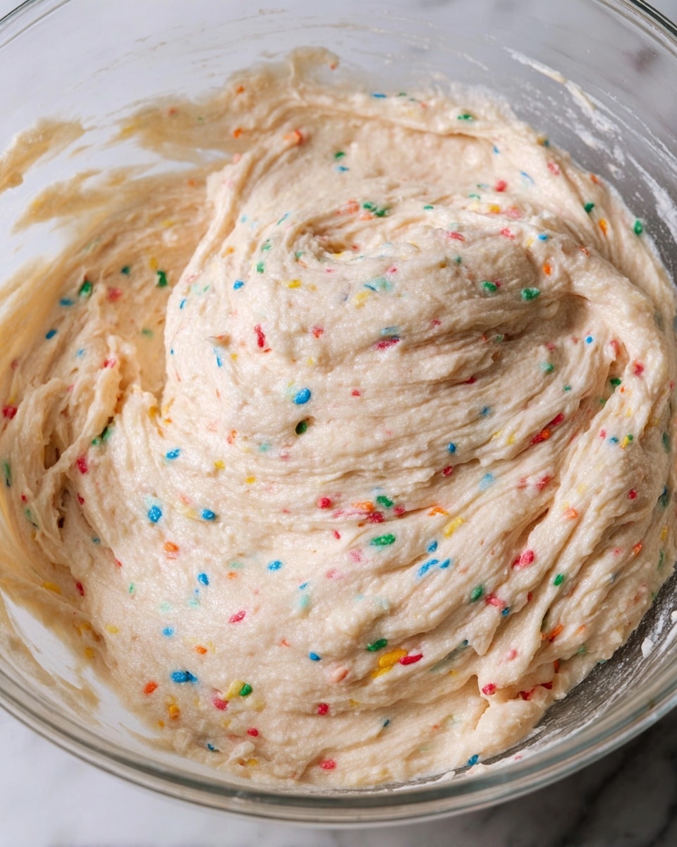 The image shows a close-up of a glass bowl filled with a thick, creamy batter that has a pale beige color. The batter is mixed with small, colorful candy sprinkles scattered evenly throughout, adding red, blue, green, yellow, and orange specks. The batter's texture looks smooth and fluffy with visible swirls and folds made by stirring. The bowl is placed on a white marbled surface with soft lighting highlighting the batter's texture. Photo taken with an iphone --ar 4:5 --v 7