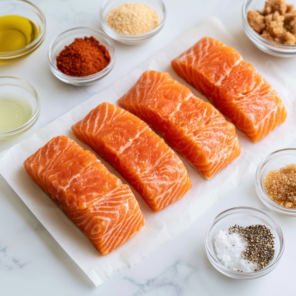 Four thick pieces of raw salmon with a bright orange color and white lines run through each piece, arranged in a row on white parchment paper. Around the salmon on a white marbled surface, there are small clear glass bowls with different seasonings: a yellowish olive oil, a rusty red paprika powder, a light beige garlic powder, a small amount of lime juice in a clear bowl, and a brown sugar bowl with small clumps. Another bowl holds a mix of white salt and black pepper. The image is bright and clean, showing the ingredients clearly, photo taken with an iphone --ar 4:5 --v 7