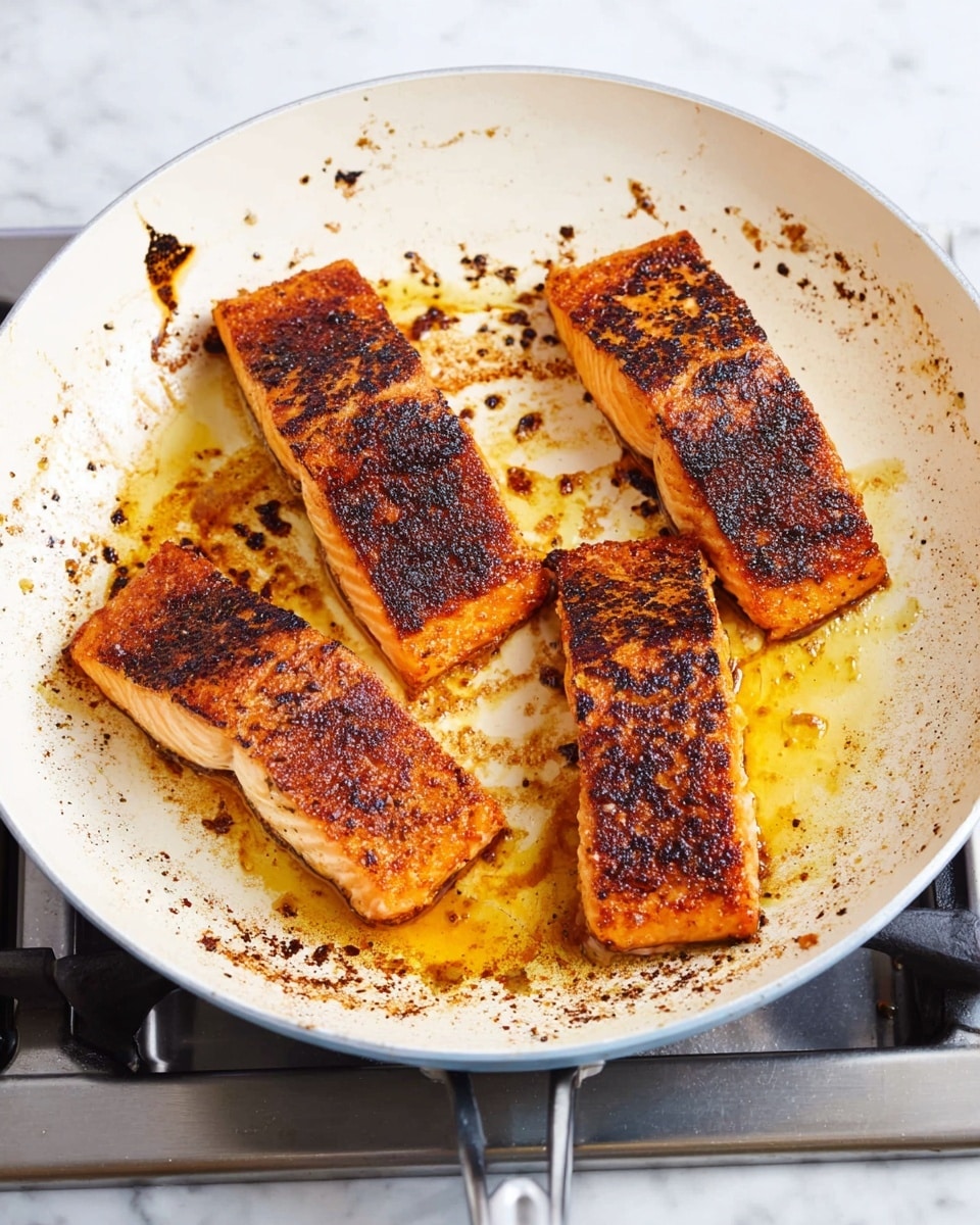 The image shows a white pan with four pieces of seared salmon fillets inside. Each fillet is medium-sized and rectangular, with a golden brown to slightly dark crispy crust on top, showing a textured surface with some charred spots. The salmon flesh beneath the crust is a lighter orange-pink color. There is a bit of oil and seasoning residue scattered around the pan, creating darker patches against the white pan. The pan rests on a stove burner visible at the corners, and the whole scene is set on a white marbled surface. photo taken with an iphone --ar 4:5 --v 7