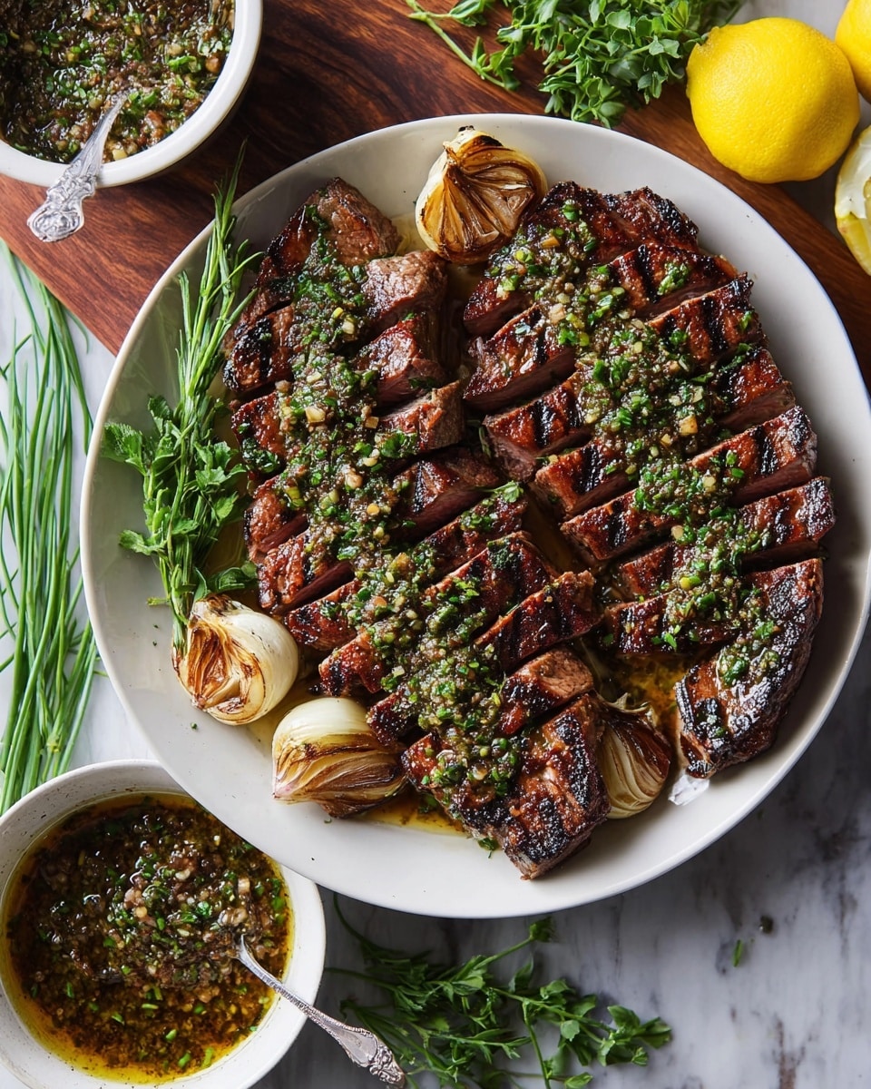 The image shows a plate with two thick slices of grilled meat, each slice is cut into smaller pieces and topped with a green herb and garlic sauce. The meat has dark, charred grill marks and a pink inside, showing it is cooked medium. Around the meat are whole roasted garlic cloves with a light brown char. A few sprigs of fresh green herbs lie on top of the meat. The plate is white and sits on a white marbled surface. Nearby, there is a small white bowl filled with a chunky green and brown sauce with a spoon inside, fresh green herb bunches, and yellow lemon wedges in the corner. photo taken with an iphone --ar 4:5 --v 7