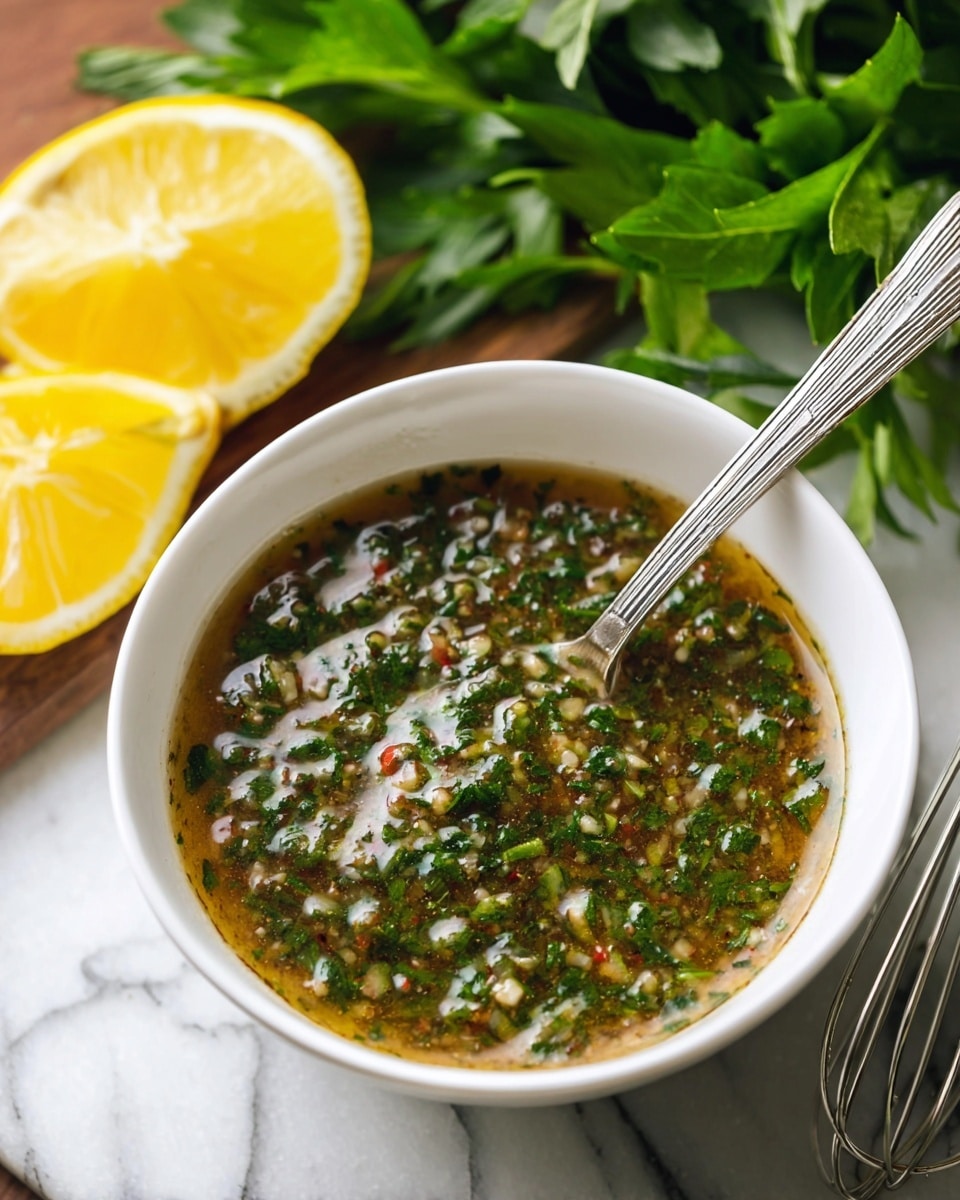 A close-up of a white bowl filled with a thick sauce that has mixed green herbs, small white and light red bits, and a shiny, wet texture, with a spoon resting inside. Behind the bowl, there are two yellow lemon wedges with some green herbs, and fresh green leafy herbs are visible on a white marbled surface. A metal whisk is placed nearby on the same white marbled surface. Photo taken with an iphone --ar 4:5 --v 7