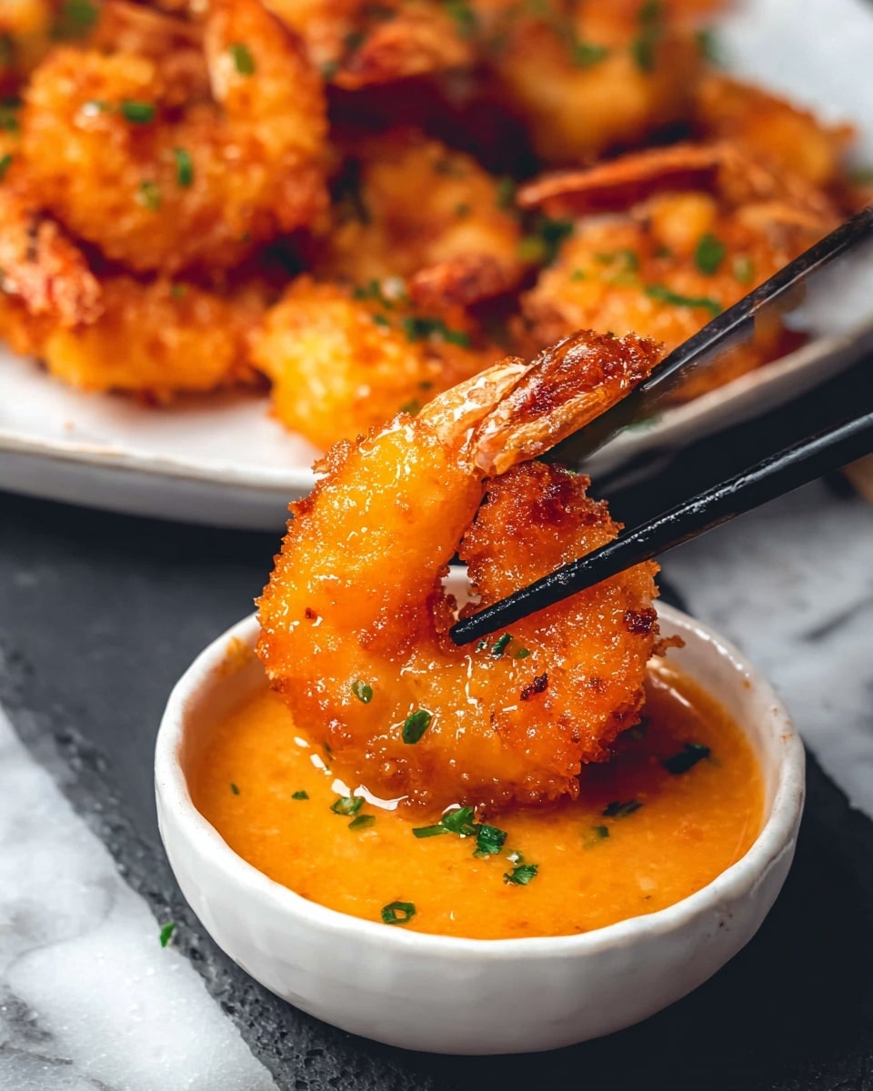 A close-up shows a shiny, crispy, orange-brown fried shrimp held by black chopsticks over a small round white bowl filled with smooth, thick orange dipping sauce sprinkled with green herbs. In the background, a white plate holds more fried shrimp, also garnished with small green herb bits, all placed on a white marbled surface. The shrimp have a crunchy texture with a glossy sauce coating. photo taken with an iphone --ar 4:5 --v 7
