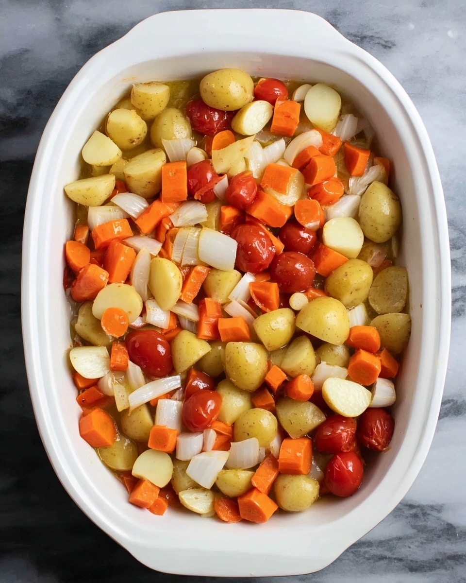 A white oval dish filled with a mixed vegetable medley, showing three main layers of diced vegetables evenly spread throughout. The top layer consists of small, round, light yellow potato halves with smooth skin. Scattered among the potatoes are chunks of bright orange carrot pieces that are thick and slightly glossy. White onion pieces with a slightly translucent texture are mixed in and sit among the vegetables. Bright red, halved cherry tomatoes add pops of color, showing shiny skins and seeds inside. The dish is placed on a white marbled surface, and the mix appears fresh and ready to cook. Photo taken with an iphone --ar 4:5 --v 7