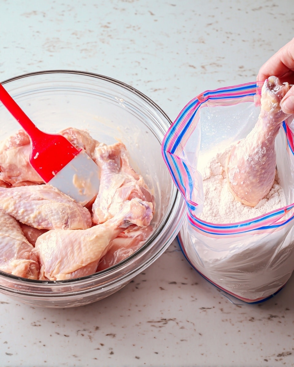 A clear glass bowl filled with raw chicken drumsticks covered in a light pink marinade sits on a white marbled surface. A red and white silicone spatula is stirring the drumsticks in the bowl. Next to the bowl, a woman's hand holds the opening of a clear plastic bag with blue and pink zipper edges that contains a white flour-like mixture. Inside the bag, one of the drumsticks coated in the pink marinade is placed, ready to be coated with the flour. The background also has the same white marbled texture. photo taken with an iphone --ar 4:5 --v 7