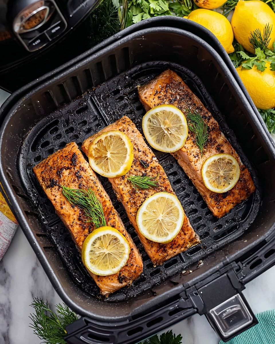 Inside a black air fryer basket, four pieces of golden brown cooked salmon are placed side by side, each topped with a thin lemon slice and fresh green dill. The salmon has a slightly charred texture with visible grill marks and sprinkled black pepper, giving it a rich, cooked look. The air fryer basket shows small holes and a black matte interior. Surrounding the air fryer, fresh leafy green herbs and bright yellow lemons rest on a white marbled surface, adding a fresh contrast to the warm tones of the salmon. Photo taken with an iphone --ar 4:5 --v 7