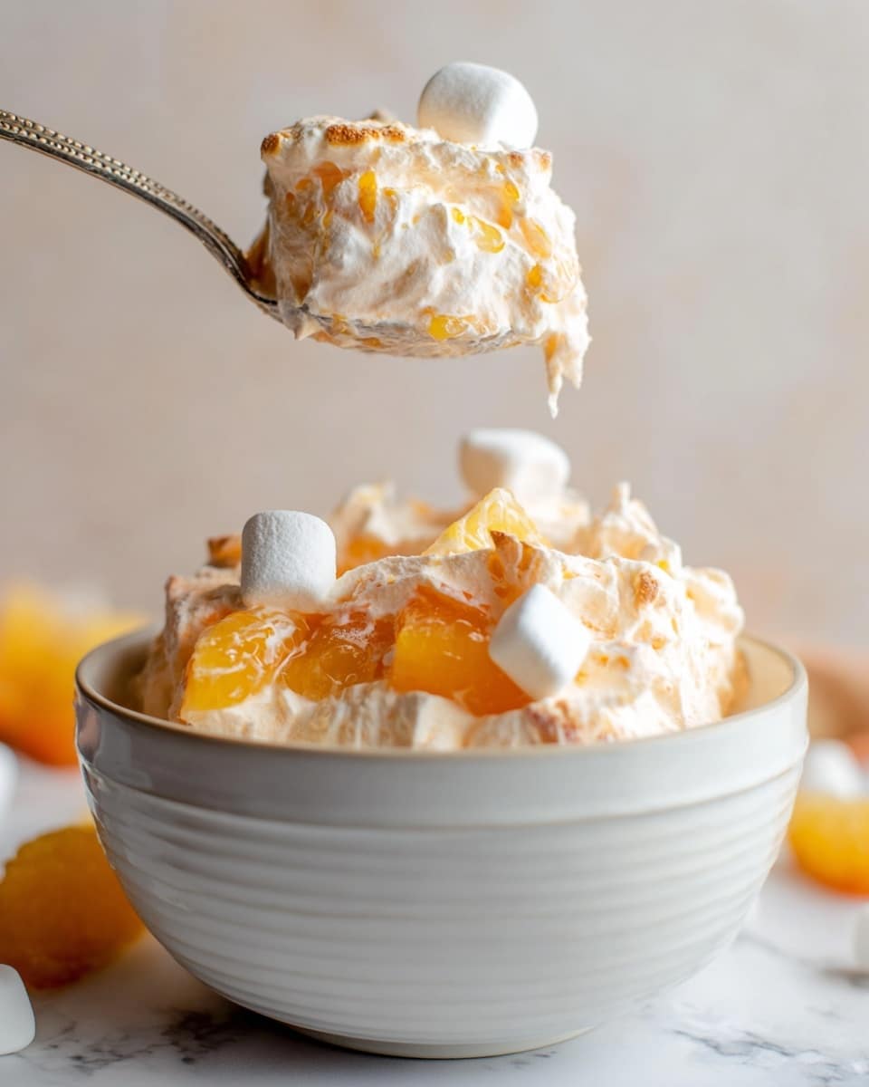 A close-up of a layered dessert in a white bowl, filled to the top with a creamy, light orange mixture that has a fluffy texture. The dessert contains visible pieces of orange fruit and small white marshmallows scattered throughout and on top. A silver spoon holding a scoop of the dessert with a white marshmallow on it is lifted above the bowl. The bowl sits on a white marbled surface, and the background is softly blurred with neutral light tones. photo taken with an iphone --ar 4:5 --v 7