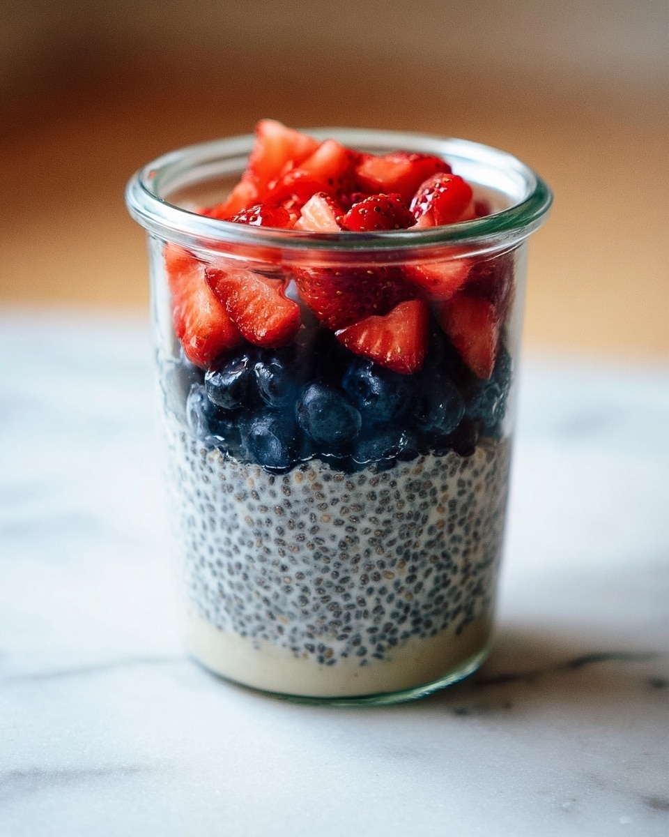 A clear glass cup shows three layers: the bottom layer is creamy with black chia seeds spread evenly throughout, the middle layer is dark blue with whole blueberries tightly packed, and the top layer has bright red, sliced strawberries scattered on top. The cup is on a white marbled surface with a soft blurred background. The light hits the cup from the side, making the colors stand out photo taken with an iphone --ar 4:5 --v 7