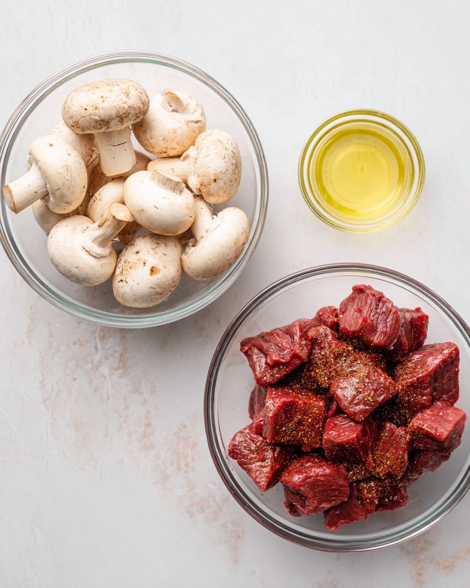 The image shows three clear glass bowls placed on a white marbled surface. The largest bowl on the right contains thick, deep red raw beef chunks sprinkled with black and red spices. The medium bowl on the left is filled with whole white mushrooms that have light brown spots and intact stems. Above these, a small bowl holds a pale yellow liquid, likely oil or vinegar. The scene is simple and clean with no additional items around. Photo taken with an iphone --ar 4:5 --v 7