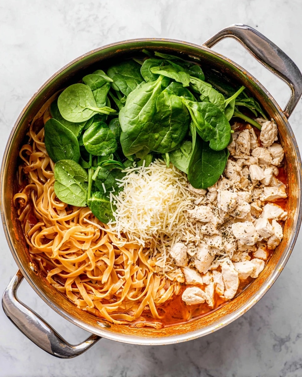 A large silver pot sits on a white marbled surface, filled with four visible layers of food. The bottom layer is orange-brown flat noodles mixed with a chunky red sauce. On the right side, there are small pieces of cooked white chicken with slight black seasoning. In the middle, a pile of light tan grated cheese sits on top of the noodles. On the left side, fresh, bright green spinach leaves rest above the sauce and noodles. The pot has two handles, with one handle visible at the top left corner and the other at the bottom right corner. Photo taken with an iphone --ar 4:5 --v 7