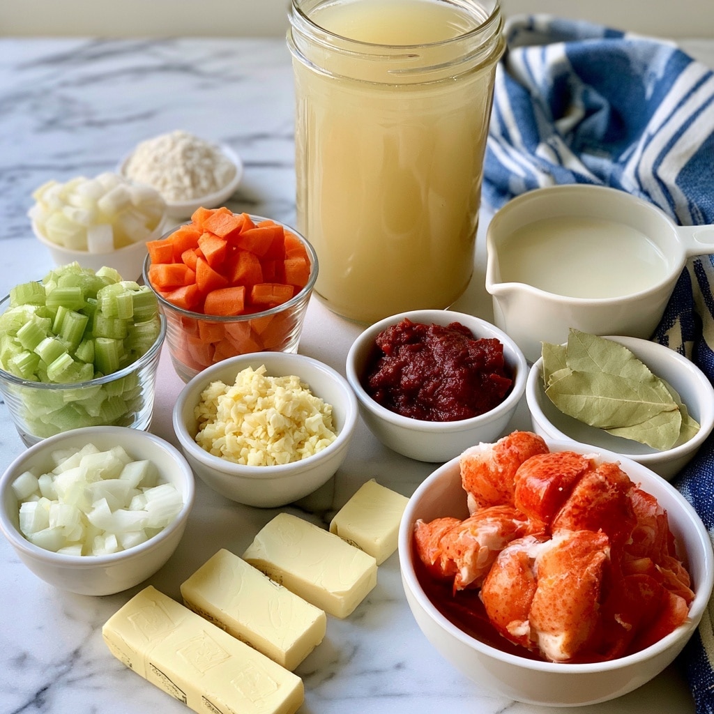 The image shows several small white bowls and glass cups filled with different ingredients arranged on a white marbled surface. There is a tall clear jar filled with light yellow lobster stock in the center. In front, from left to right, there is a glass cup with chopped green celery, a glass cup with chopped orange carrots, a small white bowl with chopped white onion, a small white bowl with minced pale yellow garlic, a small white bowl with white flour, a small white bowl with dark red tomato paste, and a small white bowl with two light green bay leaves. A white measuring cup contains white cream, and a white bowl holds two pieces of bright orange-red lobster meat (tail or claw). Several sticks of pale yellow butter with markings sit on the white marbled surface next to the bowls. A blue and white striped cloth is placed on the right side. The photo taken with an iphone --ar 4:5 --v 7