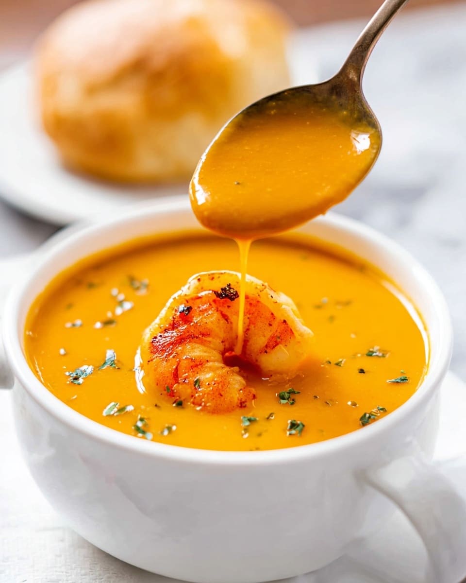 A white bowl filled with creamy orange soup, smooth in texture, showing small green herb bits scattered around the surface. In the middle of the soup floats a single roasted shrimp with a bright orange and pink color, seasoning visible on its curved shell. Above the bowl, a spoon holding thick orange soup is dripping back into the dish. In the blurred background, there is a round piece of bread on a white plate, all set on a white marbled surface. photo taken with an iphone --ar 4:5 --v 7